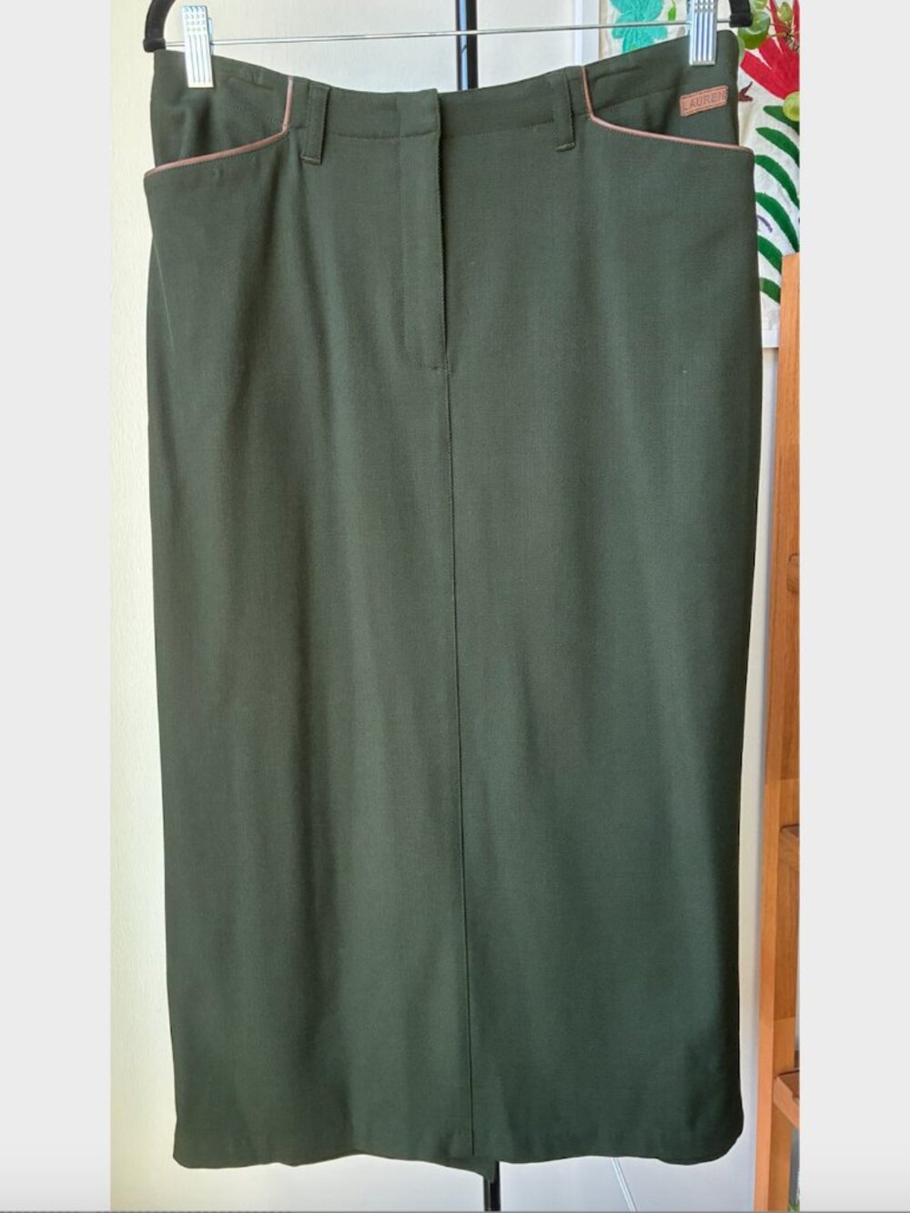 Lauren Ralph Lauren Vtg Petite Olive Green Midi Skirt w/ Leather Details- Sz 14P